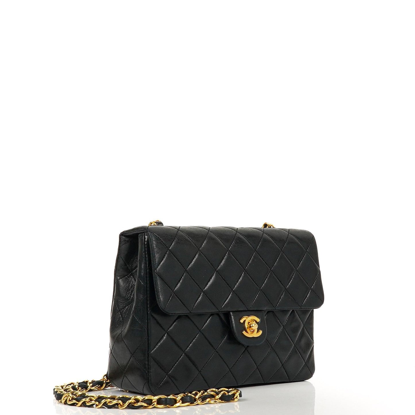 Chanel Vintage Timeless Classic Square Single Flap Bag aus schwarzem gestepptem Lammleder mit 24K goldplattierter Hardware
