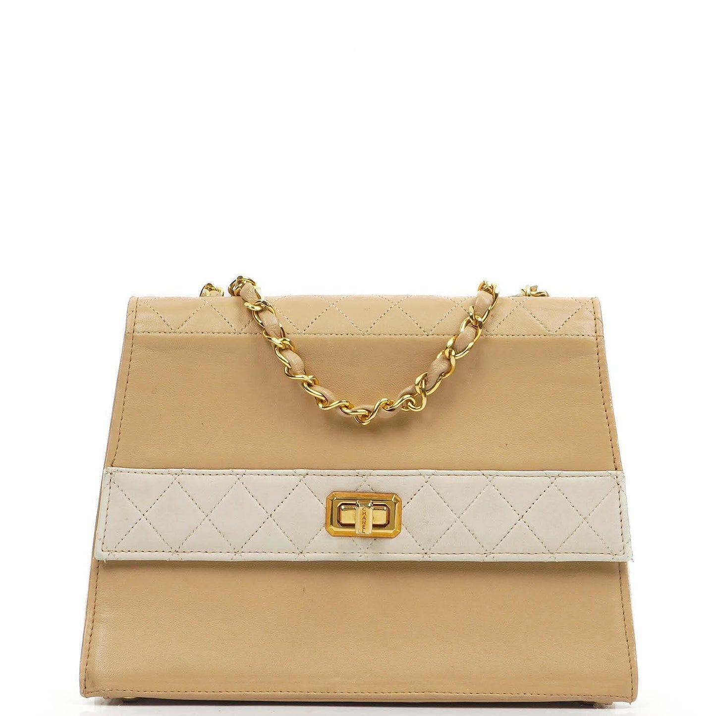 Chanel Vintage Trapezoid Single Flap Tasche aus beige-weißem gestepptem Leder mit goldfarbenen Beschlägen