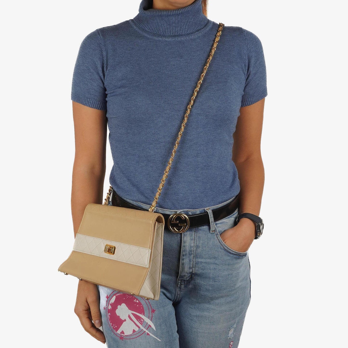 Chanel Vintage Trapezoid Single Flap Tasche aus beige-weißem gestepptem Leder mit goldfarbenen Beschlägen