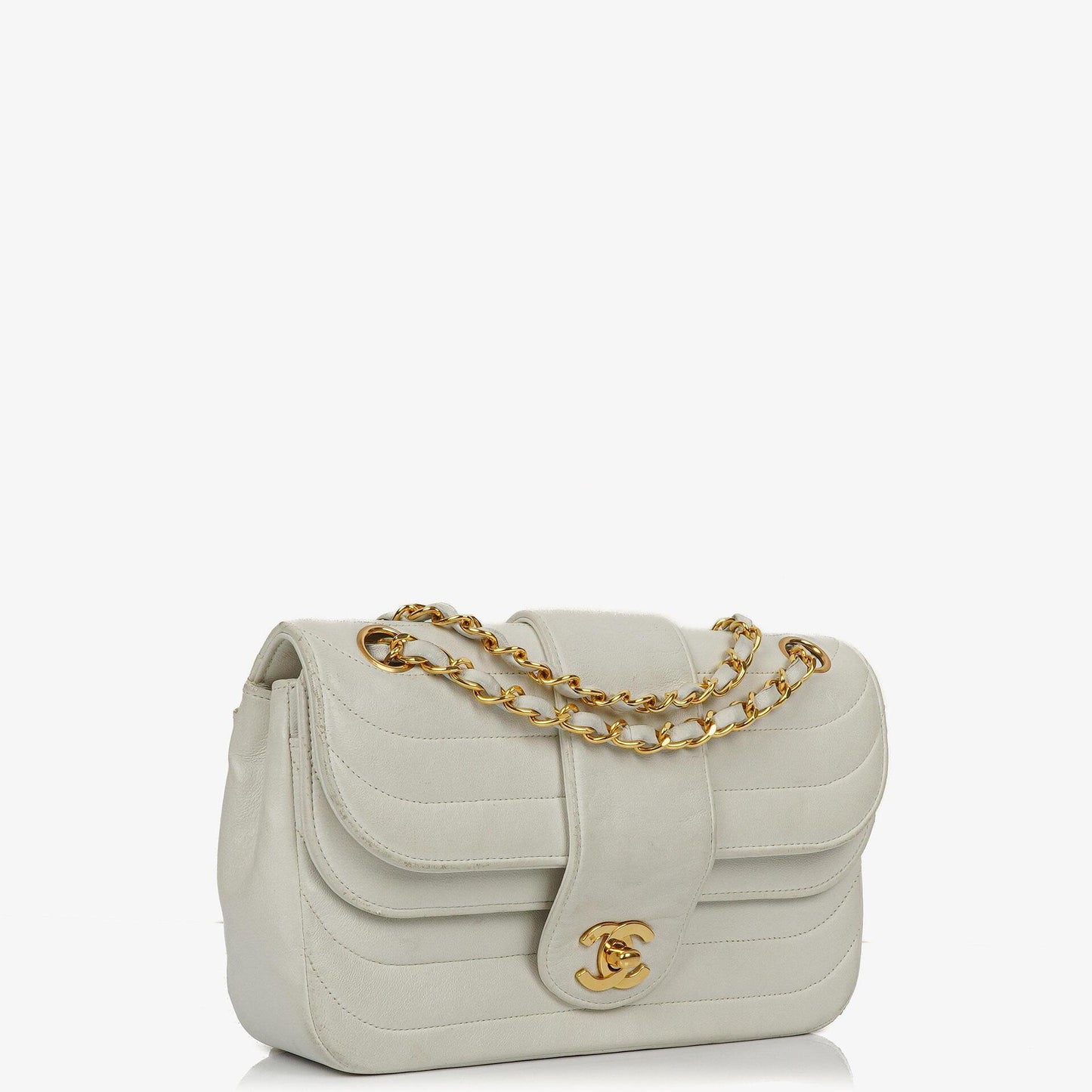 Chanel Kleine horizontale Double Flap Tasche in Weiß mit Steppung und 24K vergoldeter Hardware