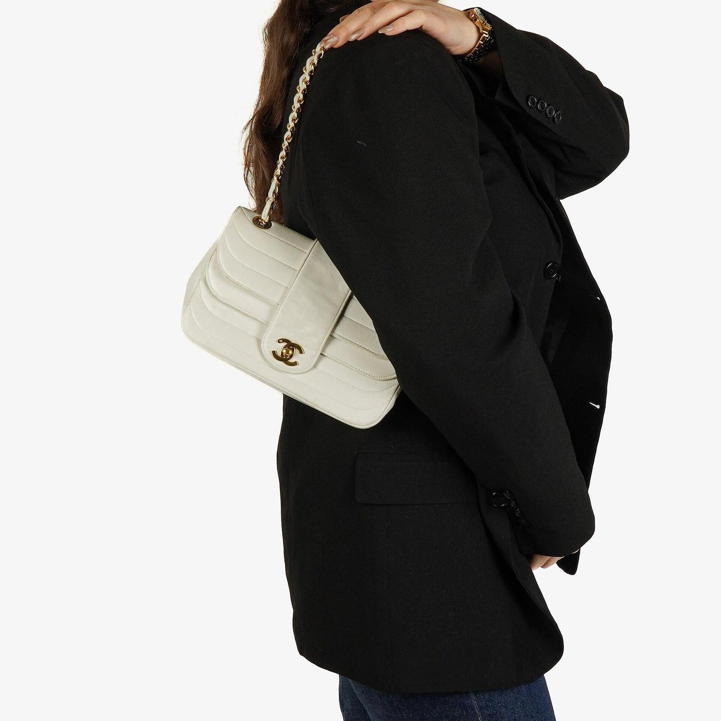 Chanel Kleine horizontale Double Flap Tasche in Weiß mit Steppung und 24K vergoldeter Hardware