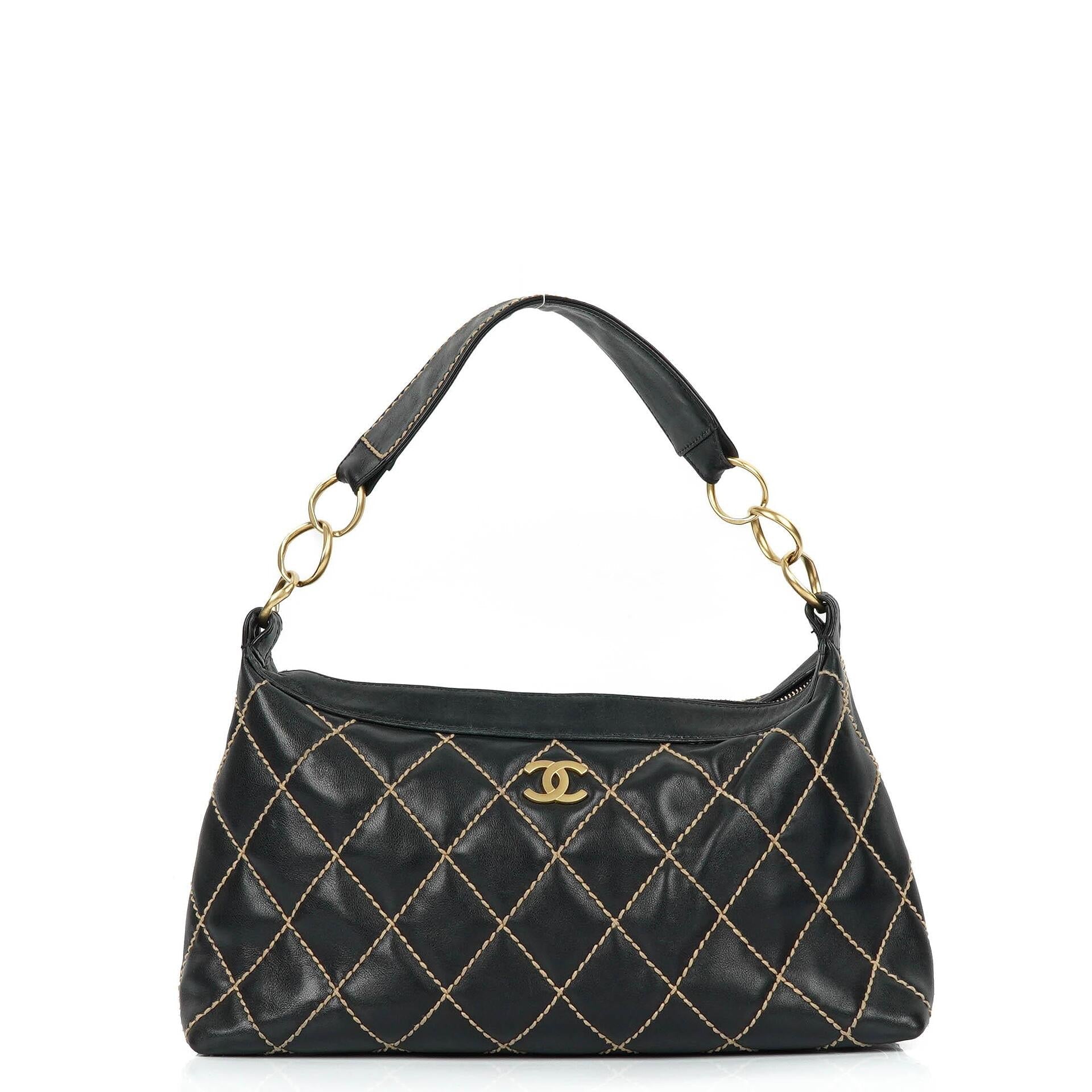 Chanel Wild Stitch Schwarz gesteppte Leder CC Schultertasche mit Goldfarbenen Beschlägen