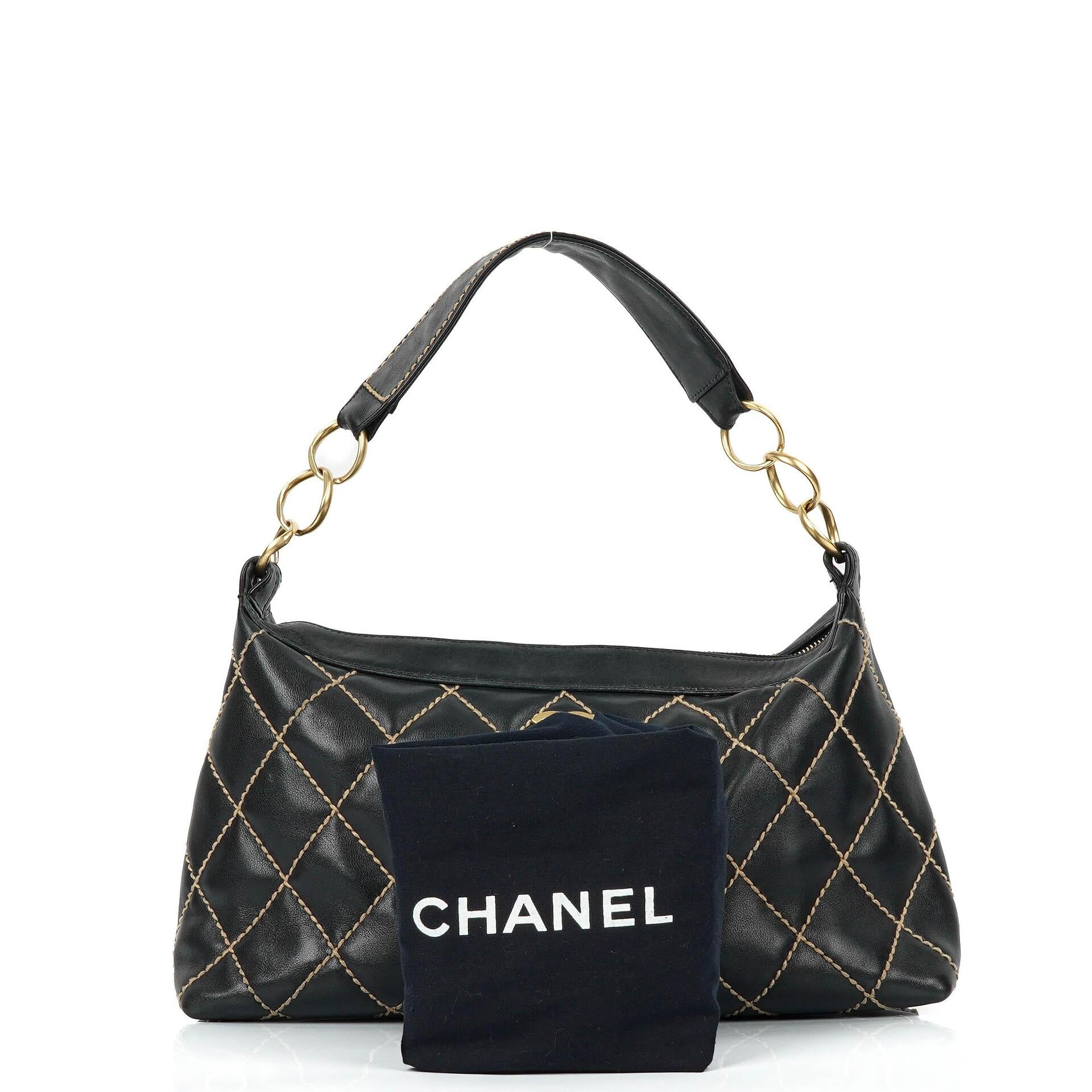 Chanel Wild Stitch Schwarz gesteppte Leder CC Schultertasche mit Goldfarbenen Beschlägen