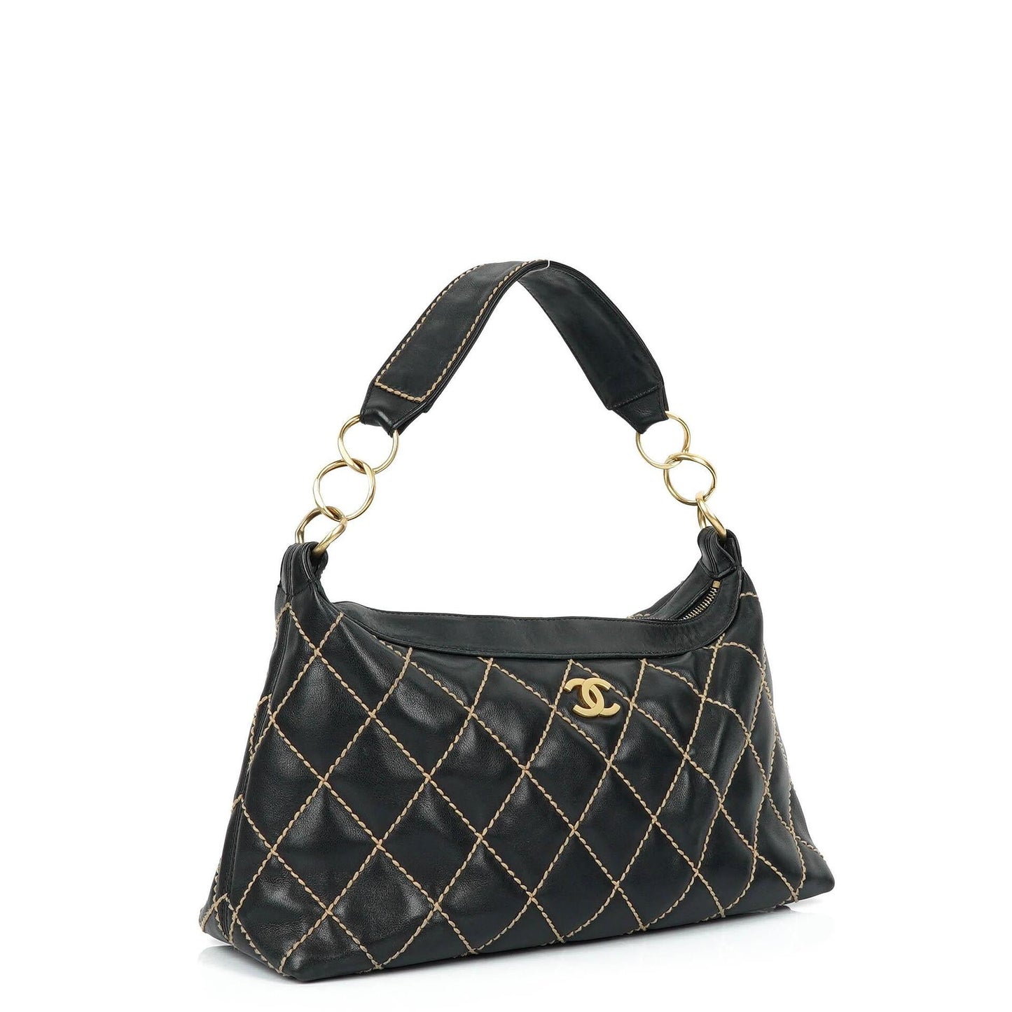 Chanel Wild Stitch Schwarz gesteppte Leder CC Schultertasche mit Goldfarbenen Beschlägen
