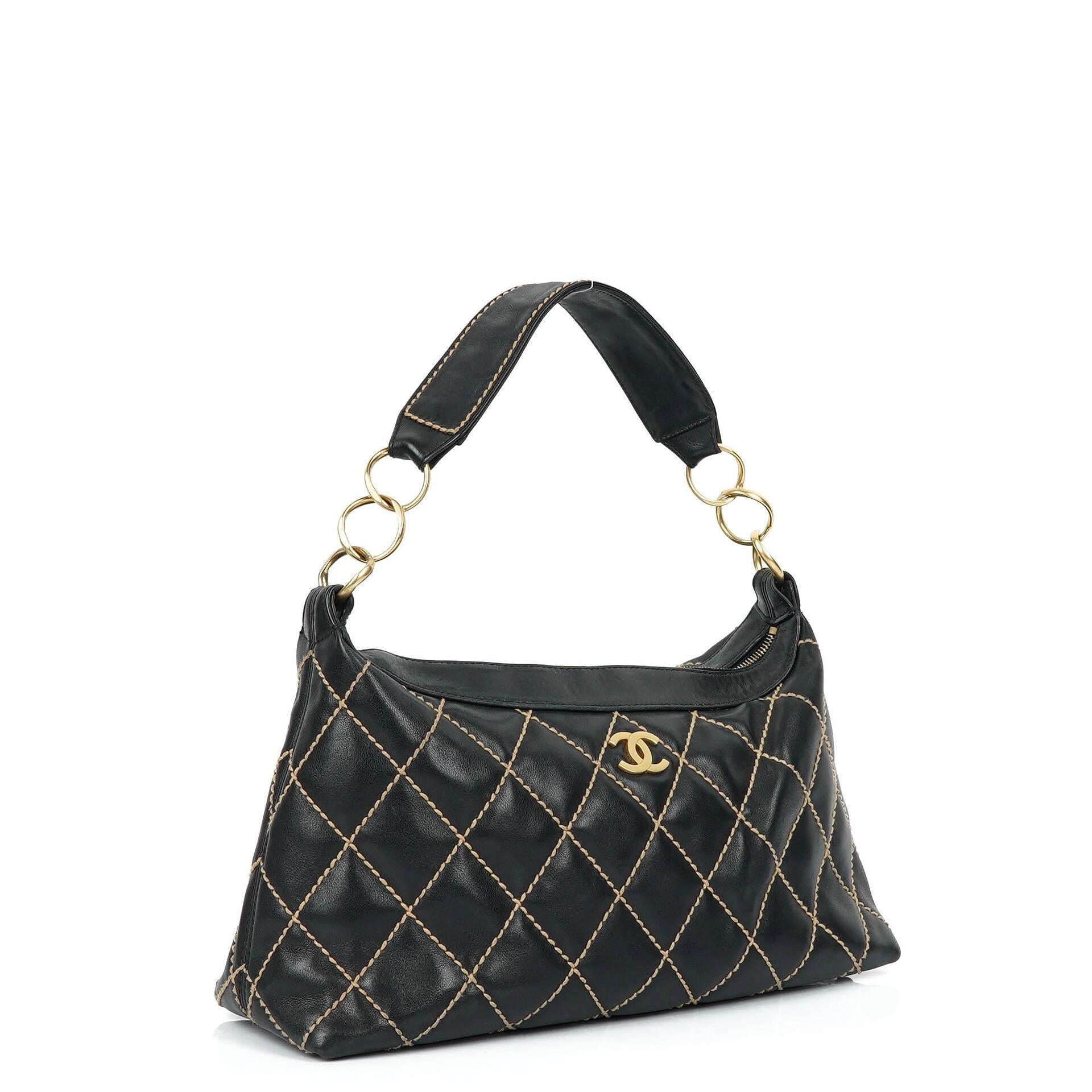 Chanel Wild Stitch Schwarz gesteppte Leder CC Schultertasche mit Goldfarbenen Beschlägen