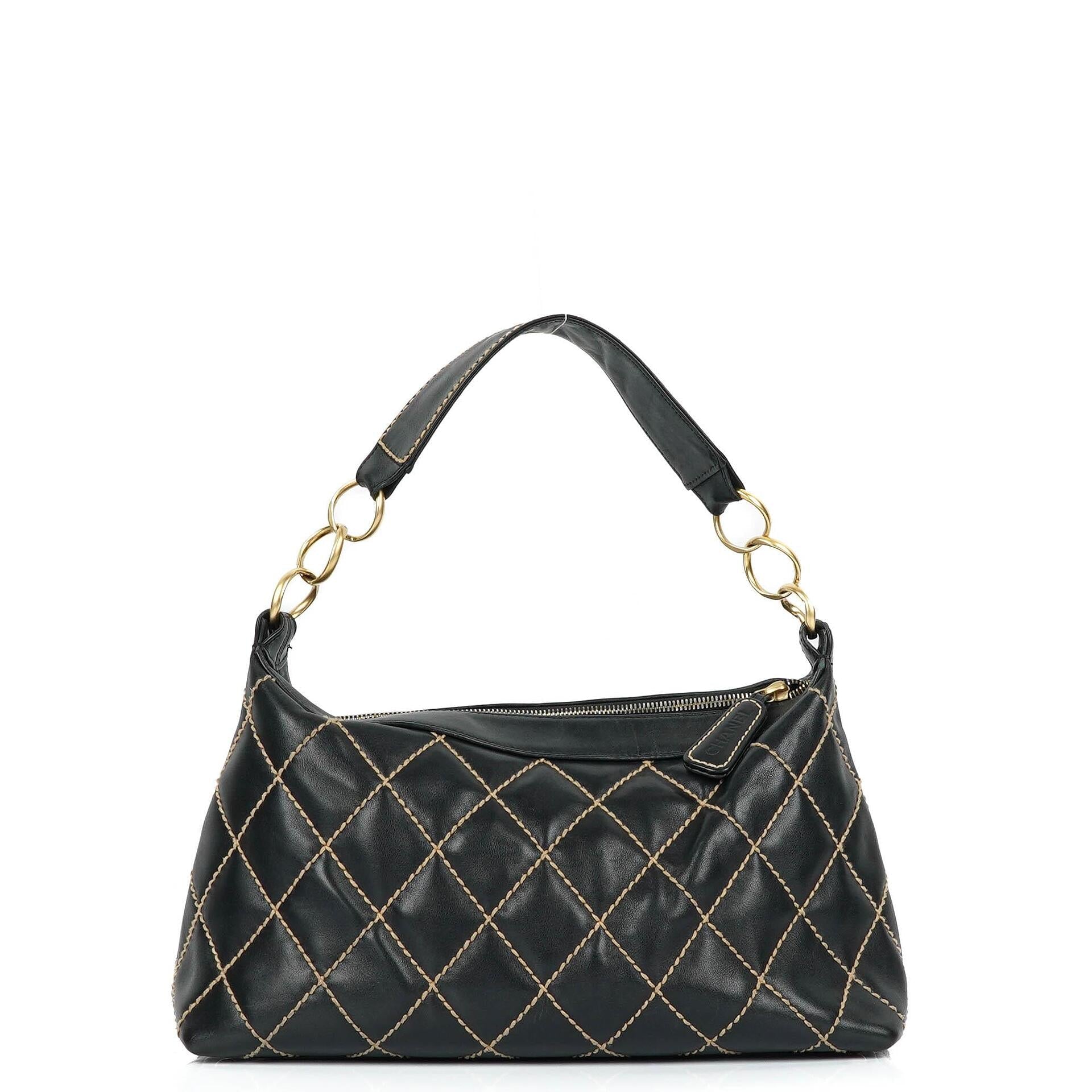 Chanel Wild Stitch Schwarz gesteppte Leder CC Schultertasche mit Goldfarbenen Beschlägen
