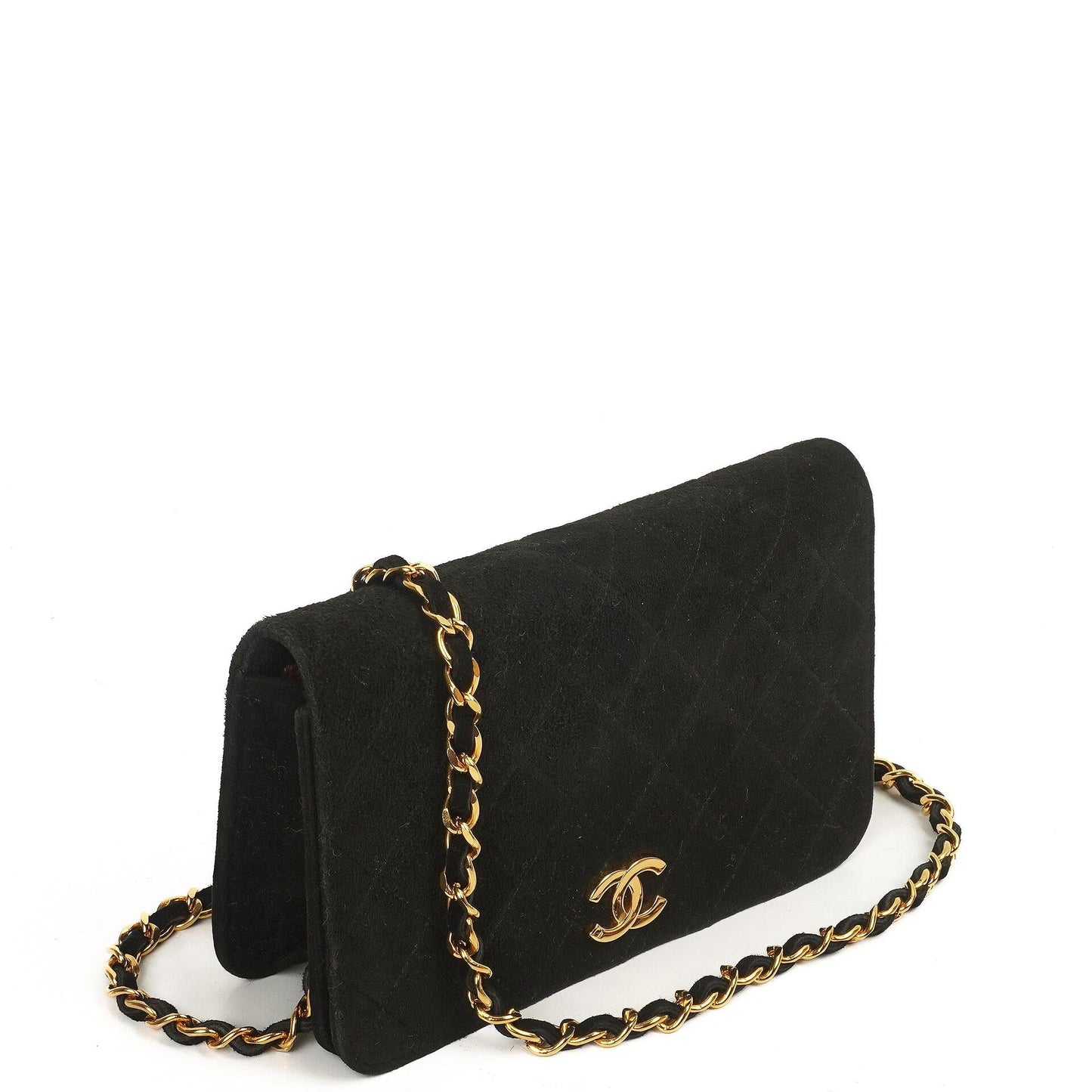Chanel WOC Mini Klassische Vollklappen Schwarze Gequiltete Wildleder Mit 24K Goldbeschichtetem Zubehör