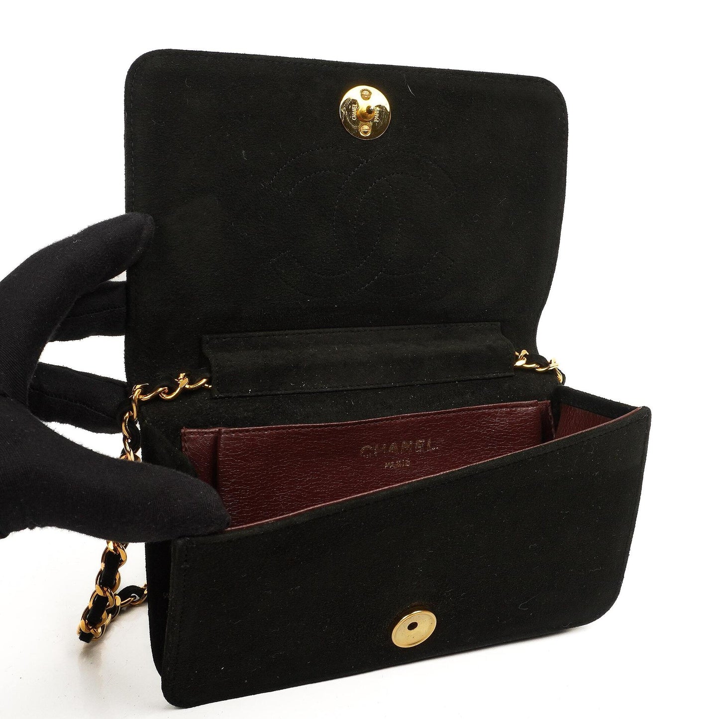 Chanel WOC Mini Klassische Vollklappen Schwarze Gequiltete Wildleder Mit 24K Goldbeschichtetem Zubehör