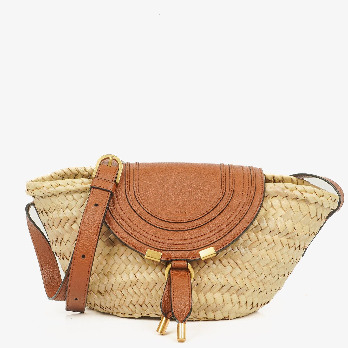 Chloé kleine Marcie Korbtasche aus braunem geflochtenem Raffia und Leder