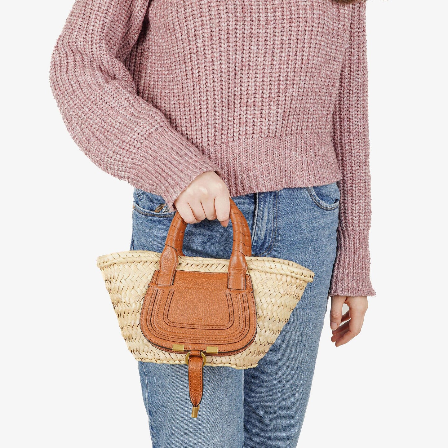 Chloe Raffia Mini Marcie Narbiges Kalbsleder Tan Korb