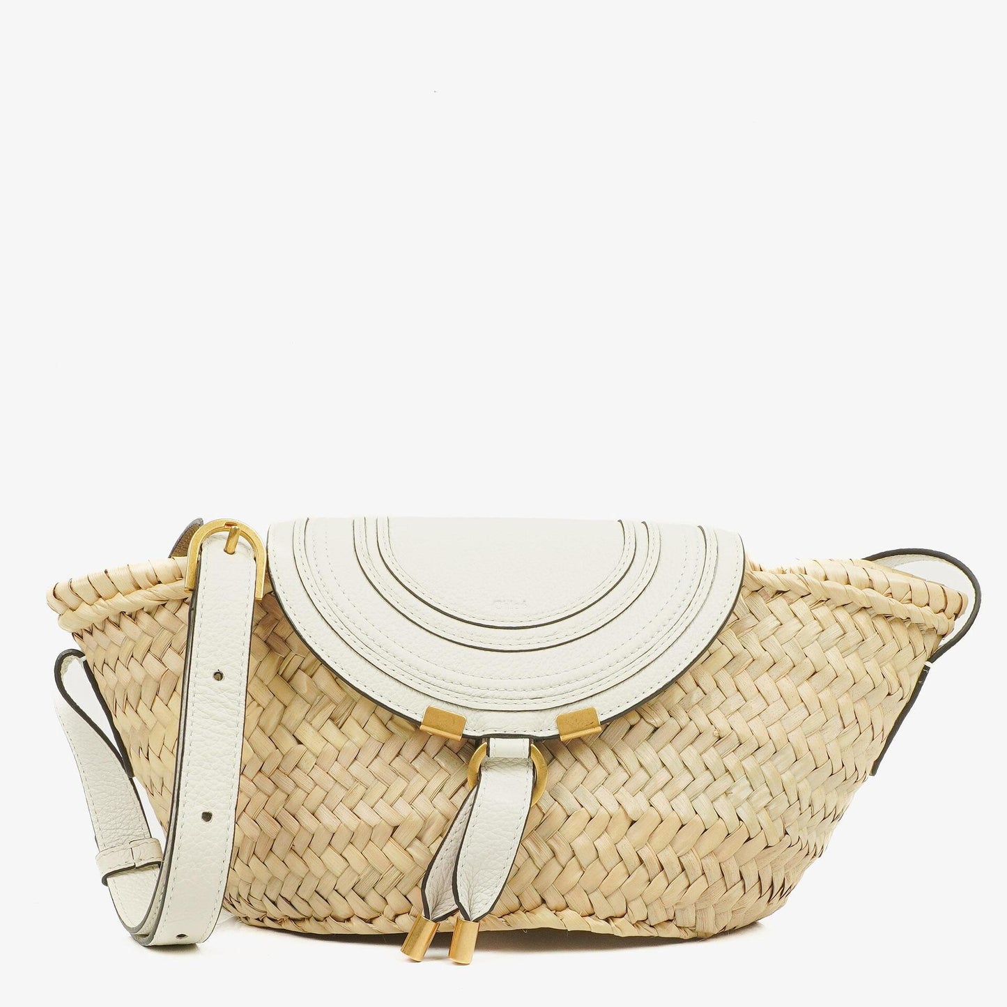 Chloe kleine Marcie Korbtasche aus geflochtenem Raffia und Leder in Weiß/Beige