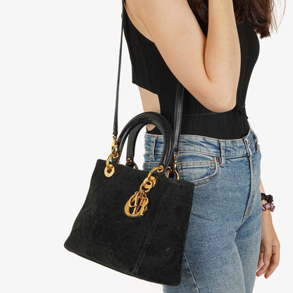 Christian Dior Lady Dior Tote Bag aus schwarzem Cannage-gestepptem Wildleder