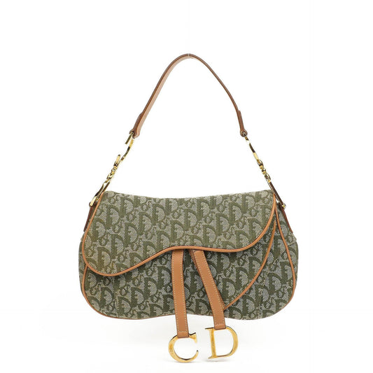 Christian Dior Double Saddle Tasche aus grünem Monogram Jacquard