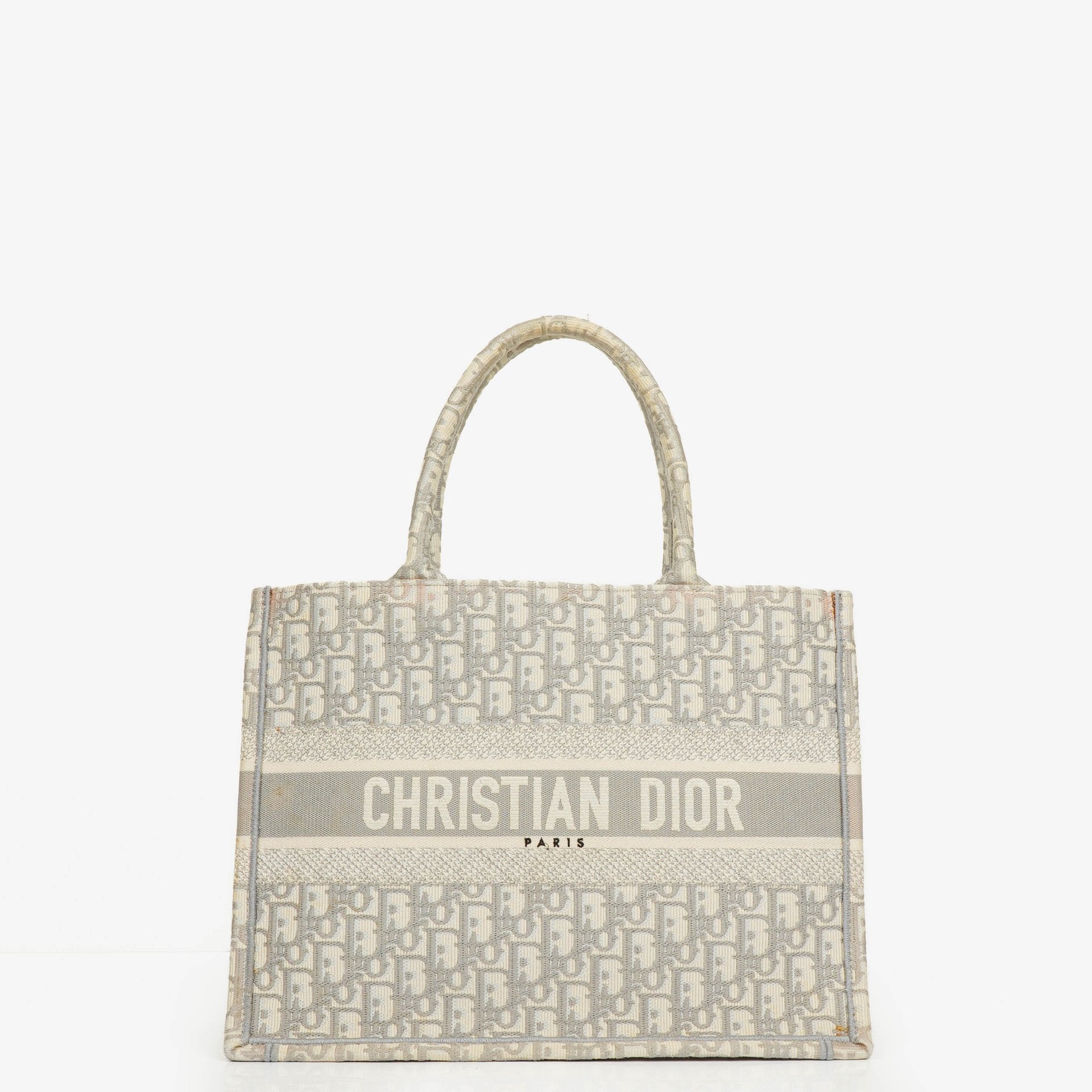 Christian Dior Book Tote Medium mit Oblique-Stickerei in Ecru und Grau