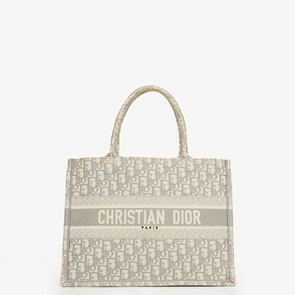 Christian Dior Book Tote Medium mit Oblique-Stickerei in Ecru und Grau