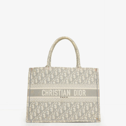 Christian Dior Book Tote Medium mit Oblique-Stickerei in Ecru und Grau
