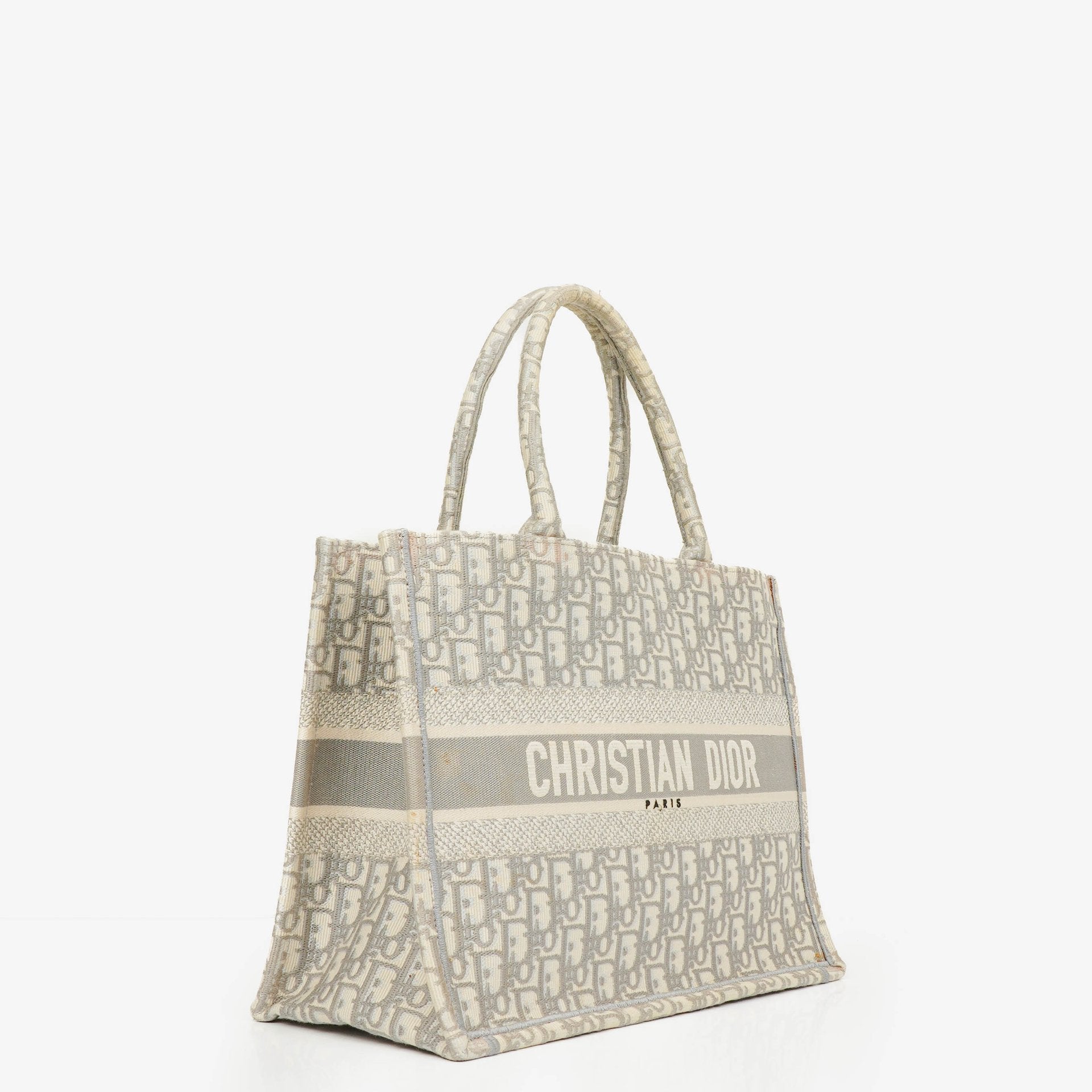 Christian Dior Book Tote Medium mit Oblique-Stickerei in Ecru und Grau