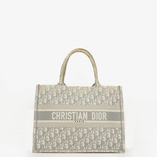 Christian Dior Book Tote Medium mit Oblique Stickerei in Ecru und Grau