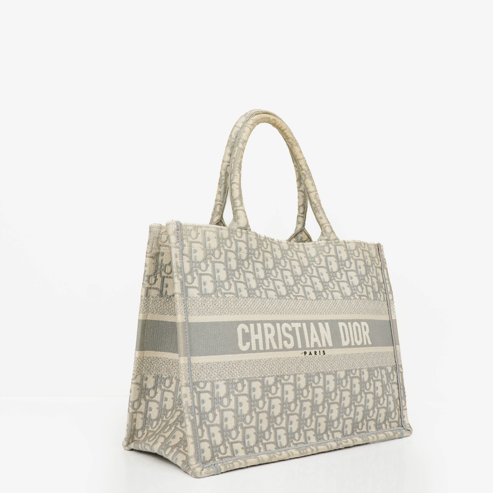 Christian Dior Book Tote Medium mit Oblique Stickerei in Ecru und Grau