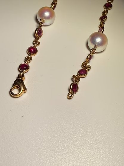 18K Goldkette Vintage 48 cm – Rubine & Zuchtperlen, 15,3 g, Gelbgold