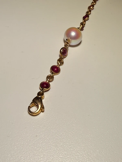 18K Goldkette Vintage 48 cm – Rubine & Zuchtperlen, 15,3 g, Gelbgold