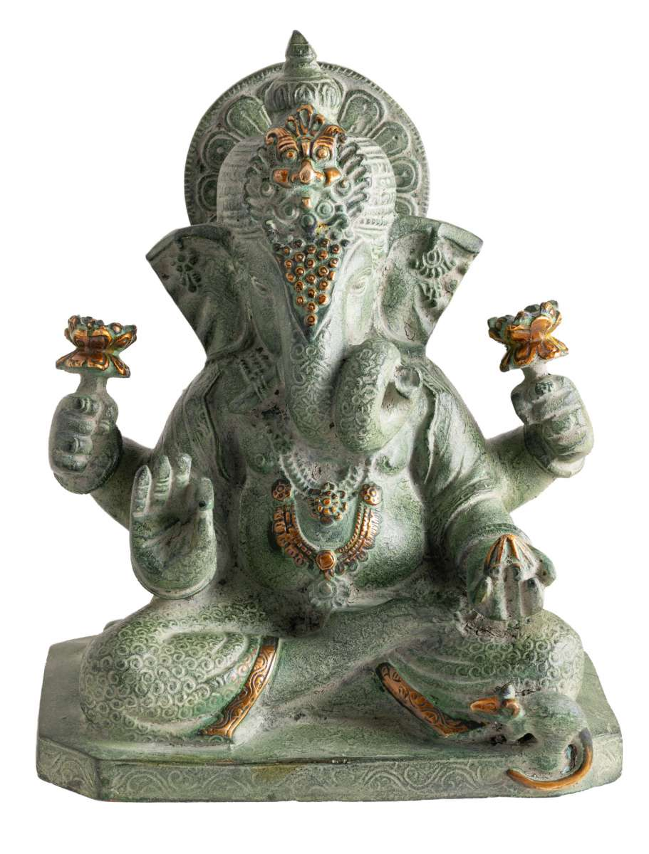 Ganesha Statue aus grünem Sandstein & Messing - 22,5 cm / 5,3 kg