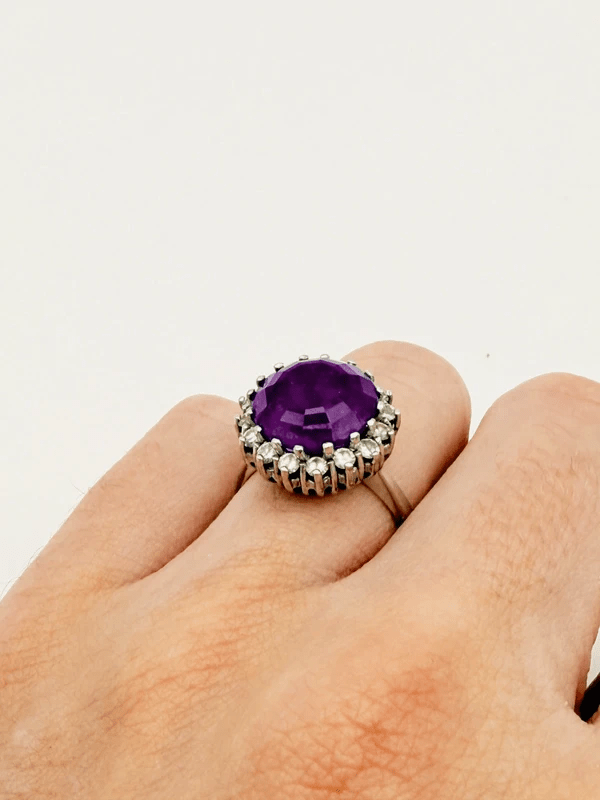 Echter Amethyst Ring 14k Weißgold 585 mit Diamanten – Vintage Cocktail Ring Violett - Laminimas e.K