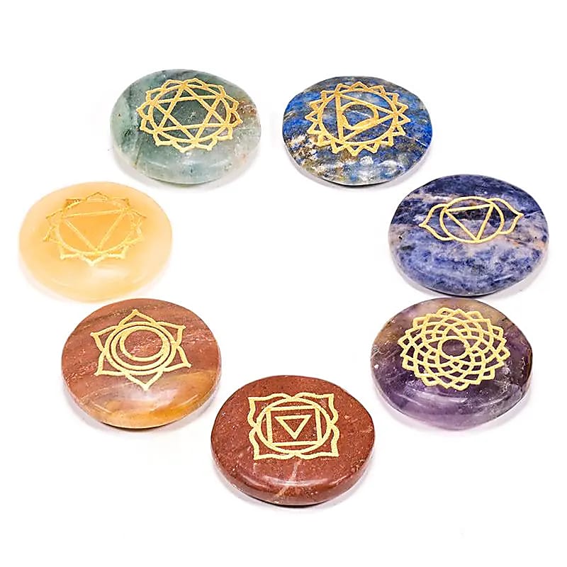 Edelstein SET mit 7 Chakra Symbolsteinen (rund) - ± 3 cm - Laminimas e.K