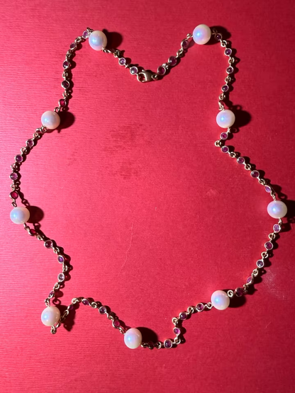 18K Goldkette Vintage 48 cm – Rubine & Zuchtperlen, 15,3 g, Gelbgold