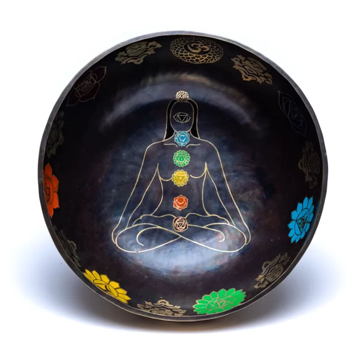 Handgehämmerte Klangschale mit 7 Chakren & Yogini – Ø 38 cm