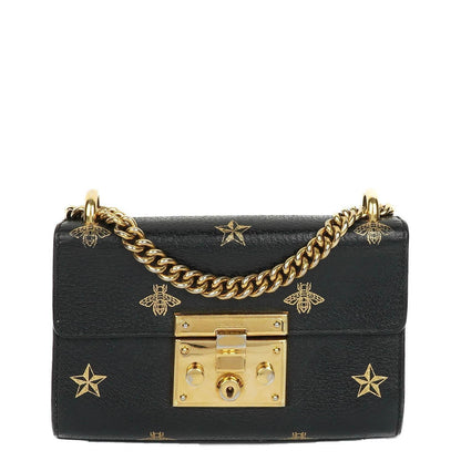 Gucci Bee Star kleine Padlock Schultertasche aus schwarzem genarbtem Kalbsleder
