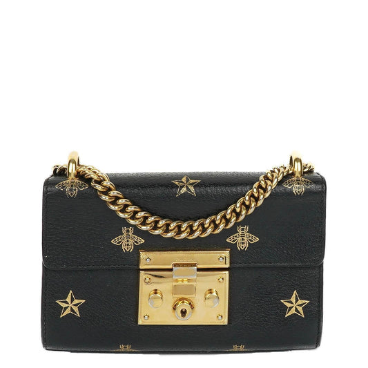 Gucci Bee Star kleine Padlock Schultertasche aus schwarzem genarbtem Kalbsleder