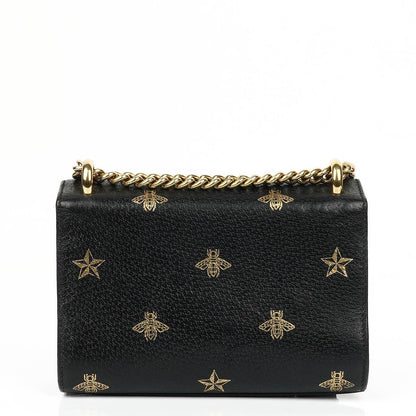 Gucci Bee Star kleine Padlock Schultertasche aus schwarzem genarbtem Kalbsleder