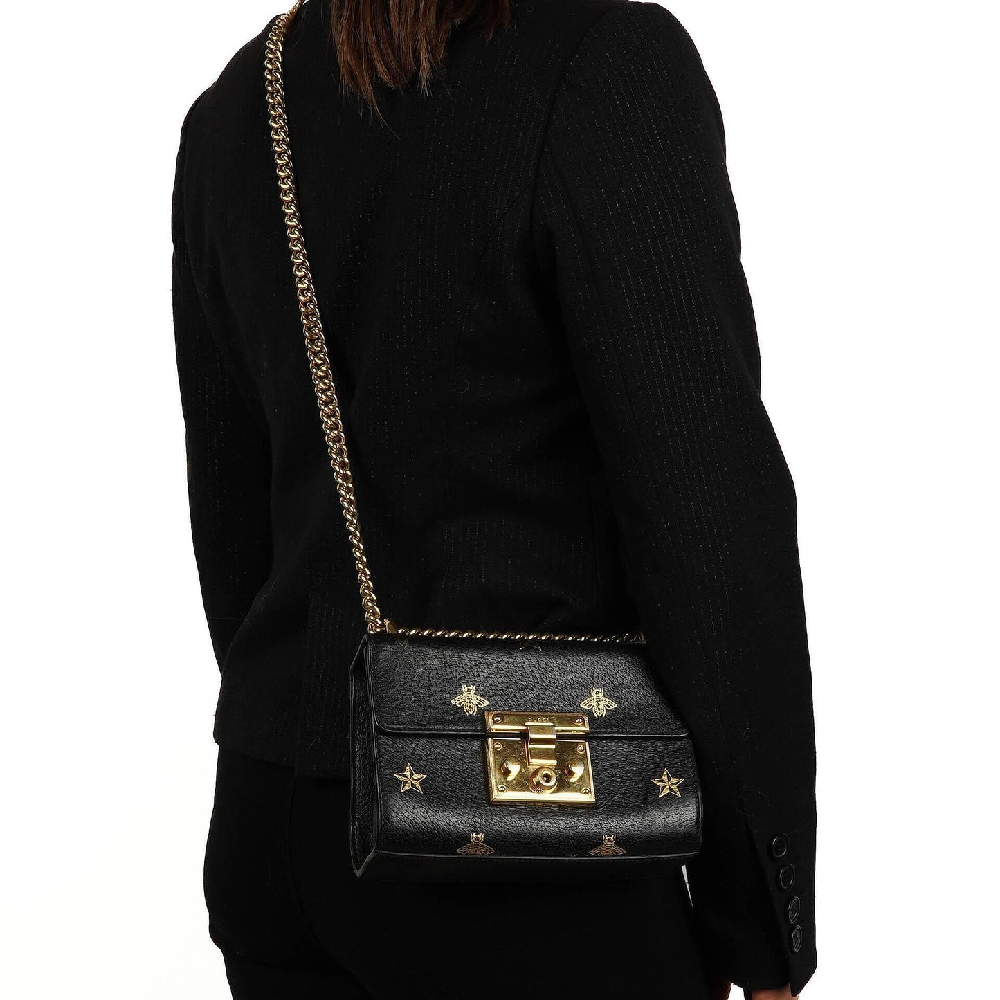 Gucci Bee Star kleine Padlock Schultertasche aus schwarzem genarbtem Kalbsleder