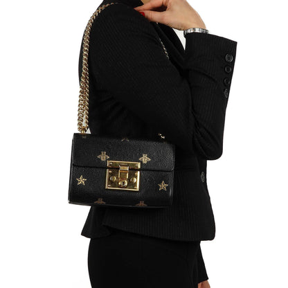 Gucci Bee Star kleine Padlock Schultertasche aus schwarzem genarbtem Kalbsleder