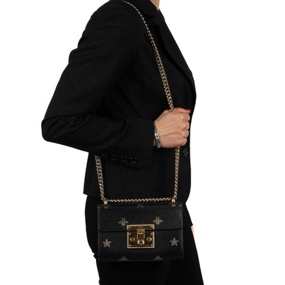 Gucci Bee Star kleine Padlock Schultertasche aus schwarzem genarbtem Kalbsleder