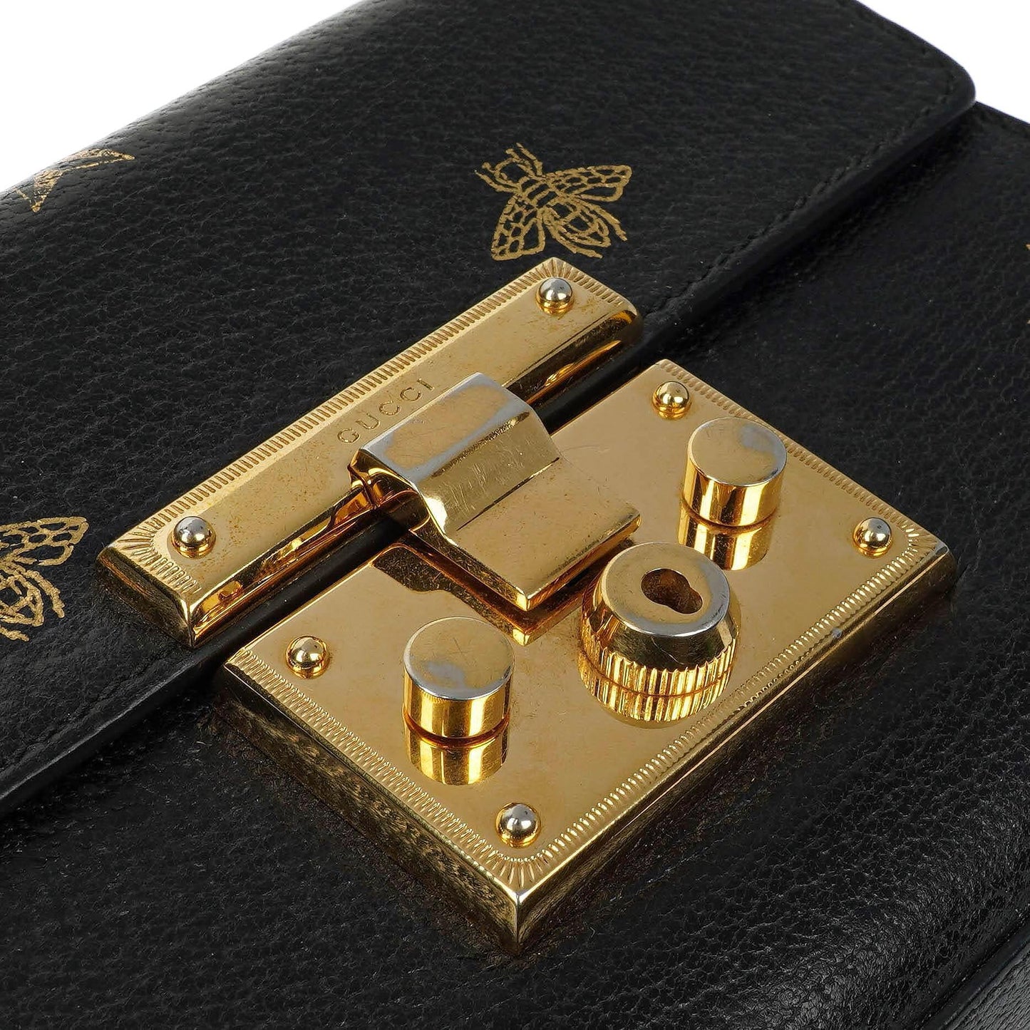 Gucci Bee Star kleine Padlock Schultertasche aus schwarzem genarbtem Kalbsleder
