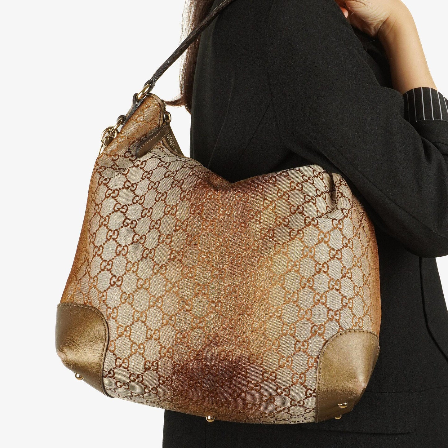 Gucci Heart-Bit Hobo-Tasche aus beigem Metallic Monogram GG Canvas