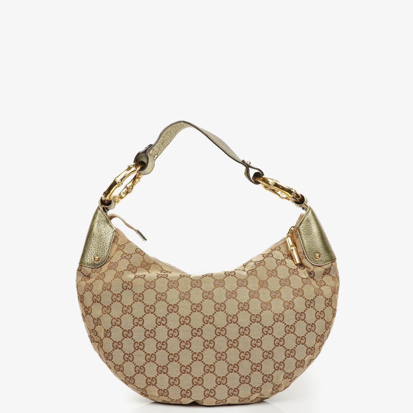 Gucci Hobo-Tasche aus Beige/Ebony GG Canvas mit grün-metallischem Bambus-Ring