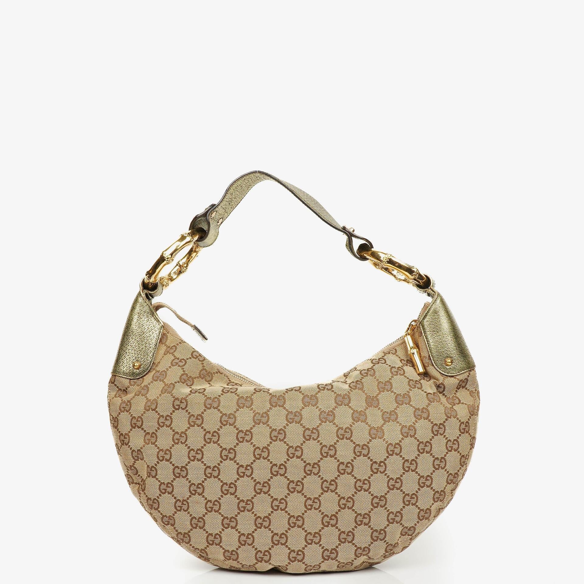 Gucci Hobo-Tasche aus Beige/Ebony GG Canvas mit grün-metallischem Bambus-Ring