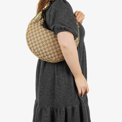 Gucci Hobo-Tasche aus Beige/Ebony GG Canvas mit grün-metallischem Bambus-Ring