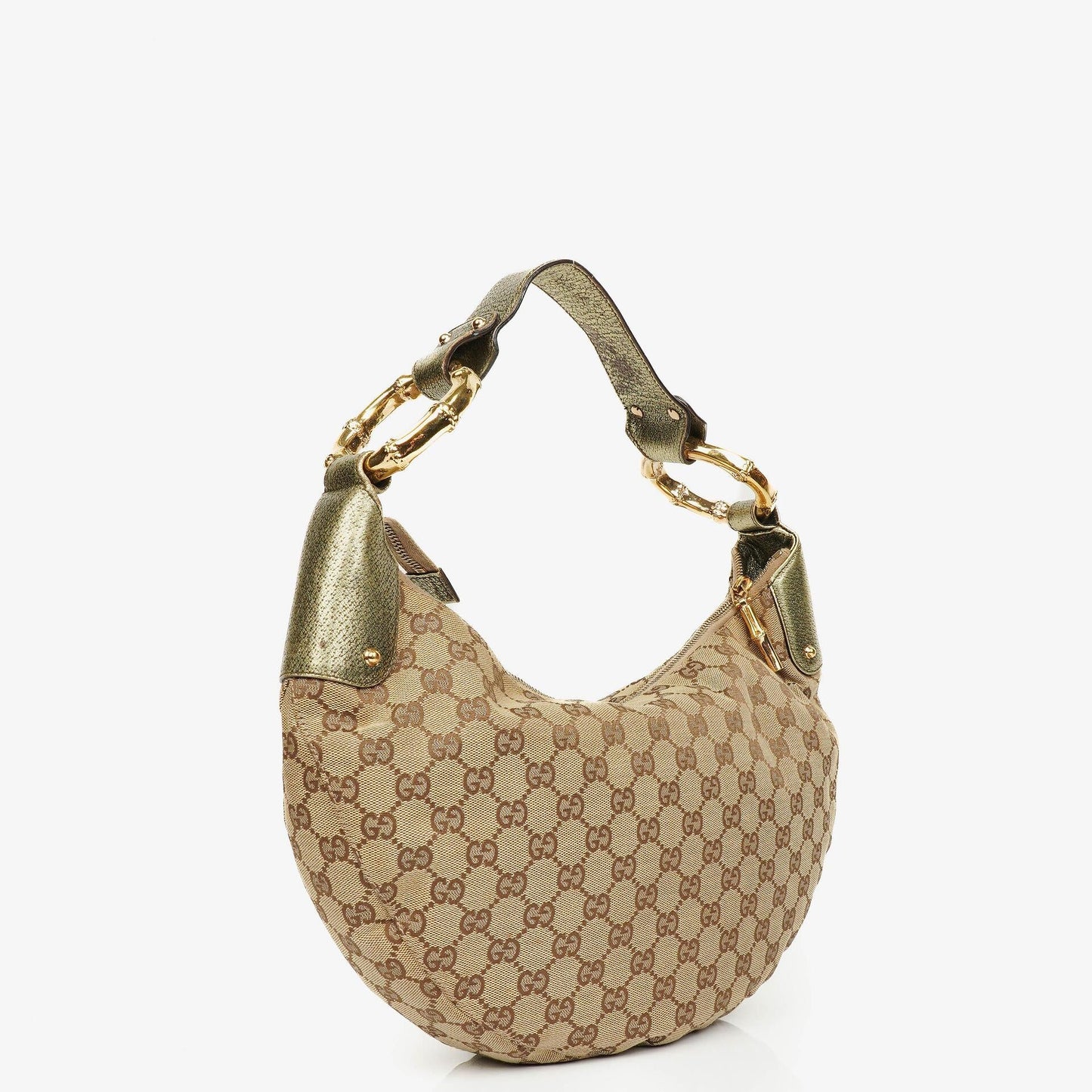 Gucci Hobo-Tasche aus Beige/Ebony GG Canvas mit grün-metallischem Bambus-Ring
