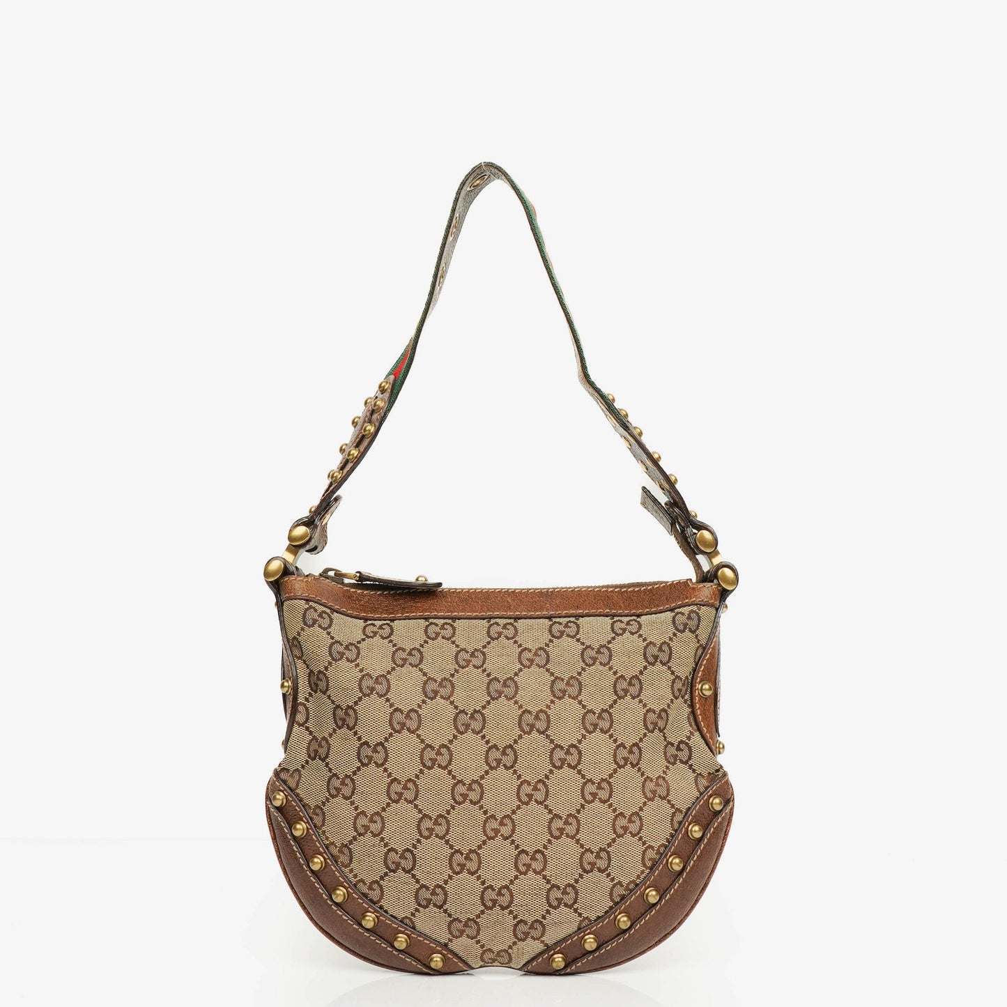 Gucci Pelham Small Schultertasche aus GG Canvas in Beige/Ebony mit Nieten