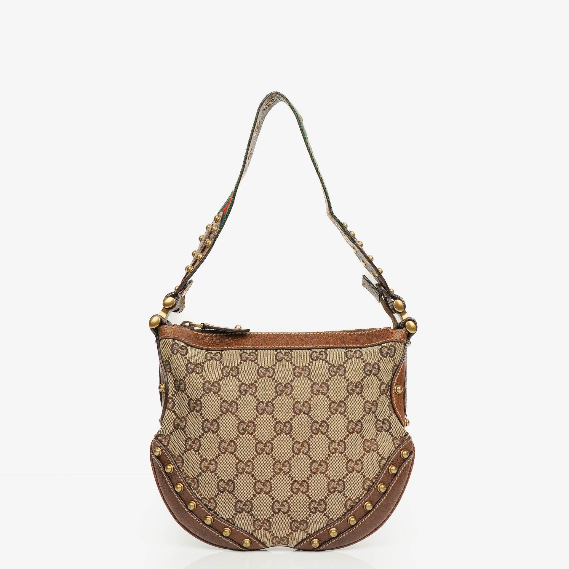 Gucci Pelham Small Schultertasche aus GG Canvas in Beige/Ebony mit Nieten