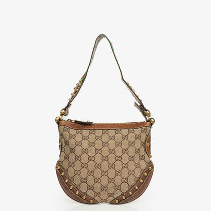 Gucci Pelham Small Schultertasche aus GG Canvas in Beige/Ebony mit Nieten