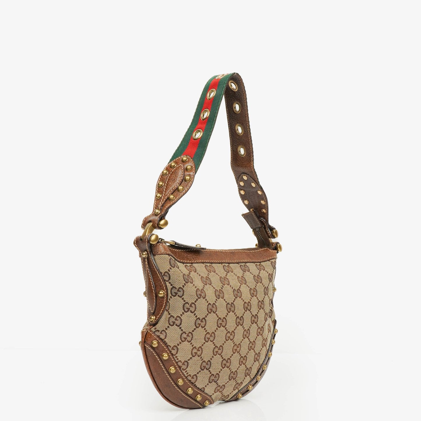 Gucci Pelham Small Schultertasche aus GG Canvas in Beige/Ebony mit Nieten
