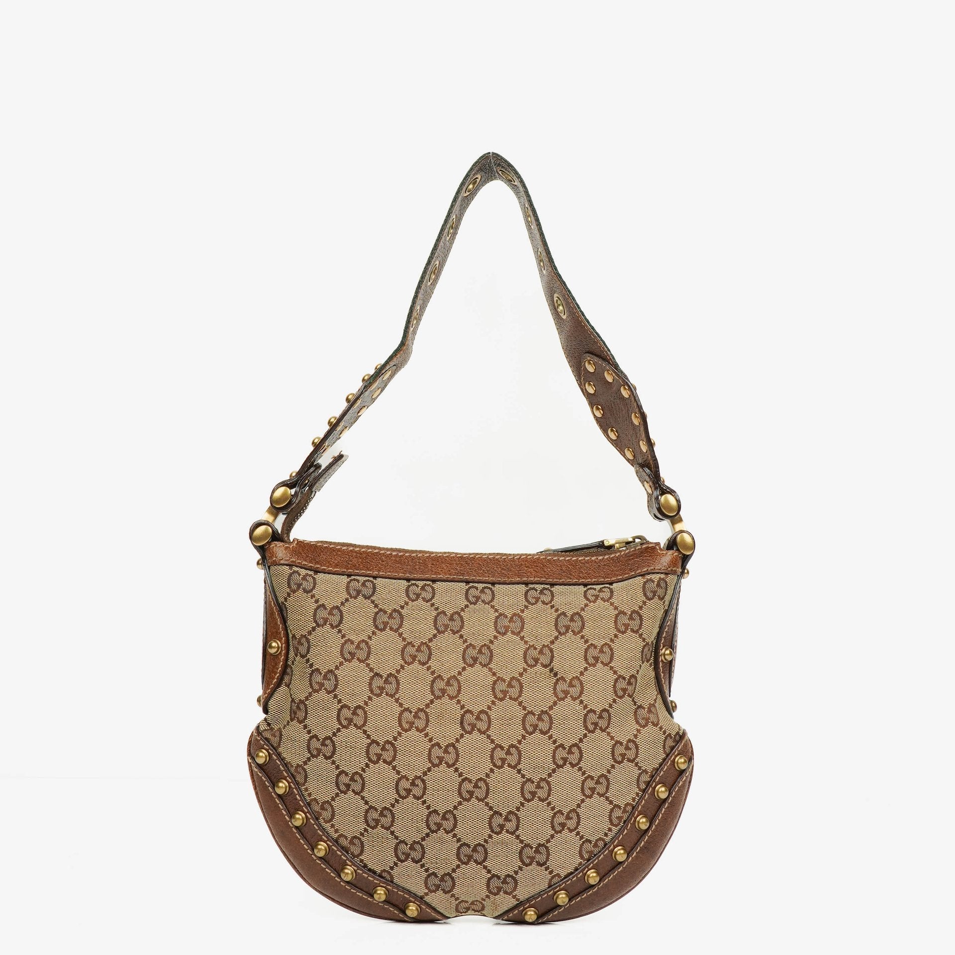 Gucci Pelham Small Schultertasche aus GG Canvas in Beige/Ebony mit Nieten