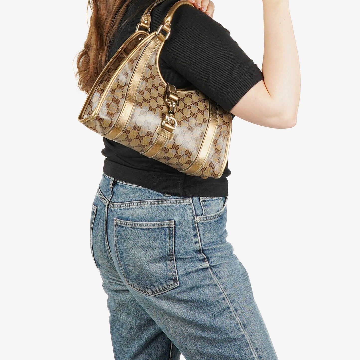Gucci Joy Schultertasche aus beige/goldfarbenem kristallbeschichtetem Canvas