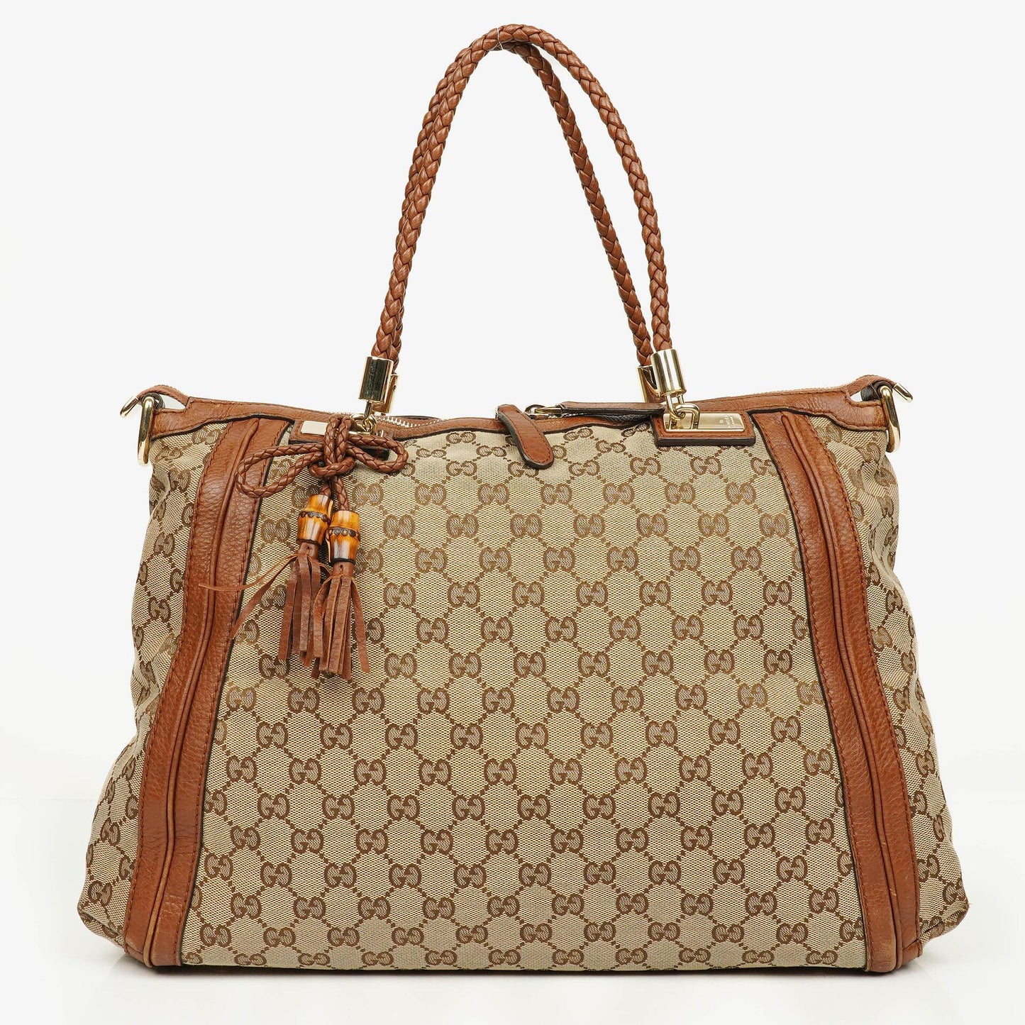 Gucci Bella Satchel Tote Tasche aus Monogramm Canvas mit geflochtenen Griffen