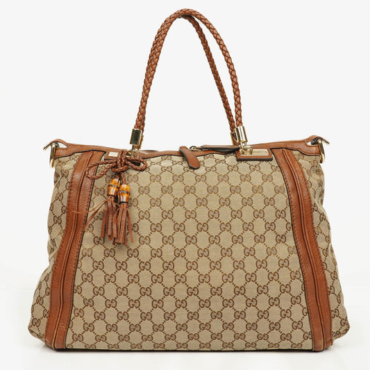 Gucci Bella Satchel Tote Tasche aus Monogramm Canvas mit geflochtenen Griffen